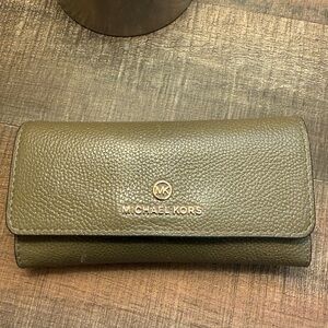 Michael Kors Olive Pebbled Leather Foldover Wallet with Gold Logo